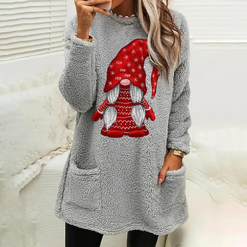Women's Christmas Santa Print Round Neck Loose Long Sleeve Pocket Plush Hoodie