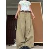 Women's High Rise Barrel Leg Cargo Pants Loose Fit Vintage Washed Khaki Denim Jeans Casual Wide Leg Trousers