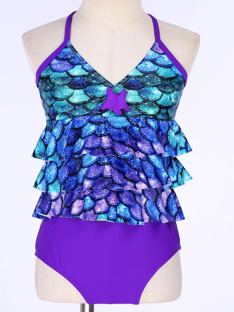 2Pcs Bikini Mermaid Swimwear Children Girls Spaghetti Straps Swim Top with Bottoms Ruffle Swimsuit