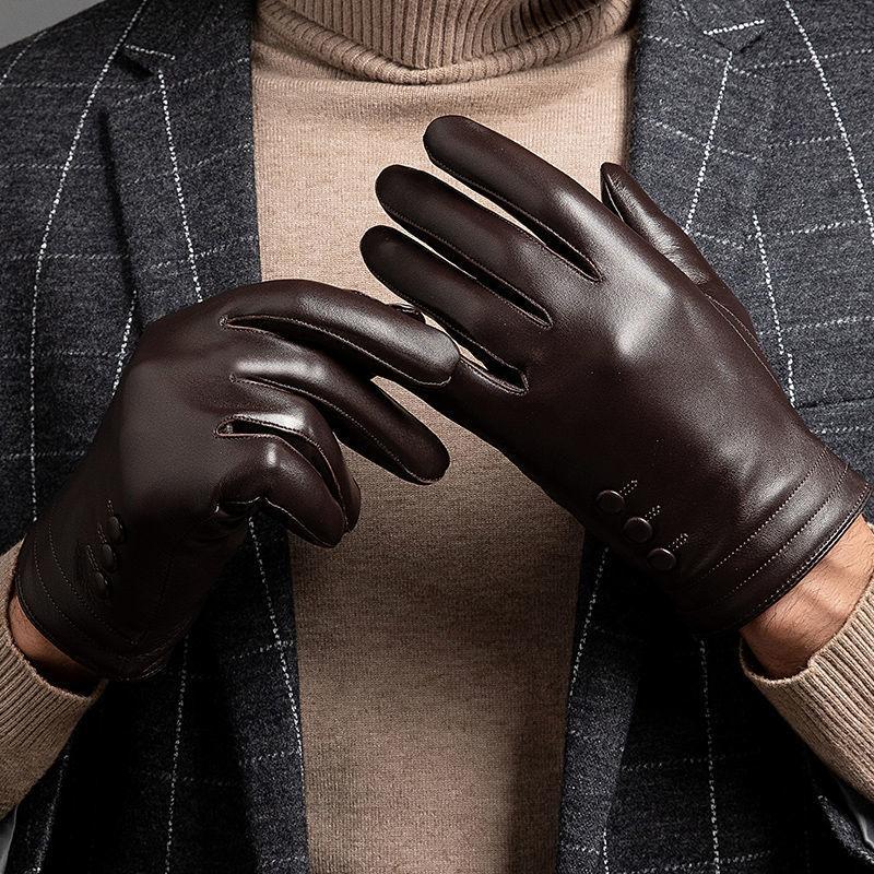 Leather Gloves Men'S Autumn And Winter Fleece Thickened Warm Driving Riding Touch Screen Business First Layer Sheepskin Gloves Windproof