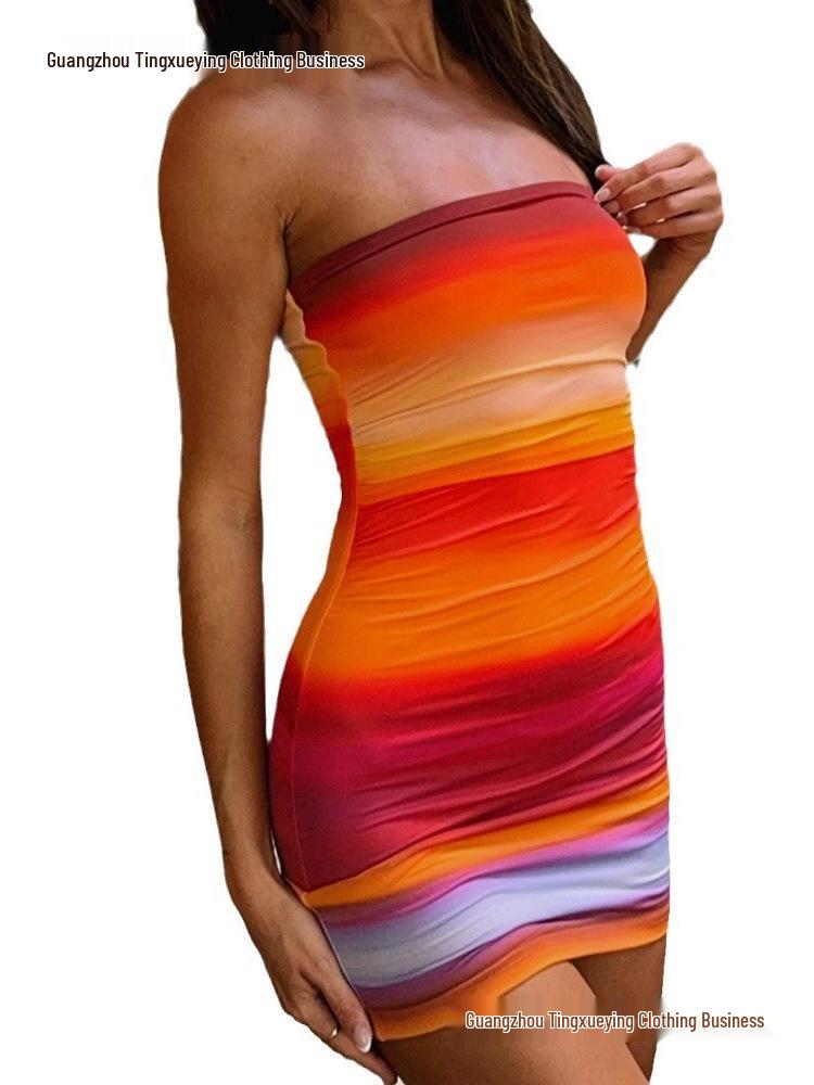 European & American Women's Rainbow Print Strapless Ruffled Dress - Summer Nightclub Wear