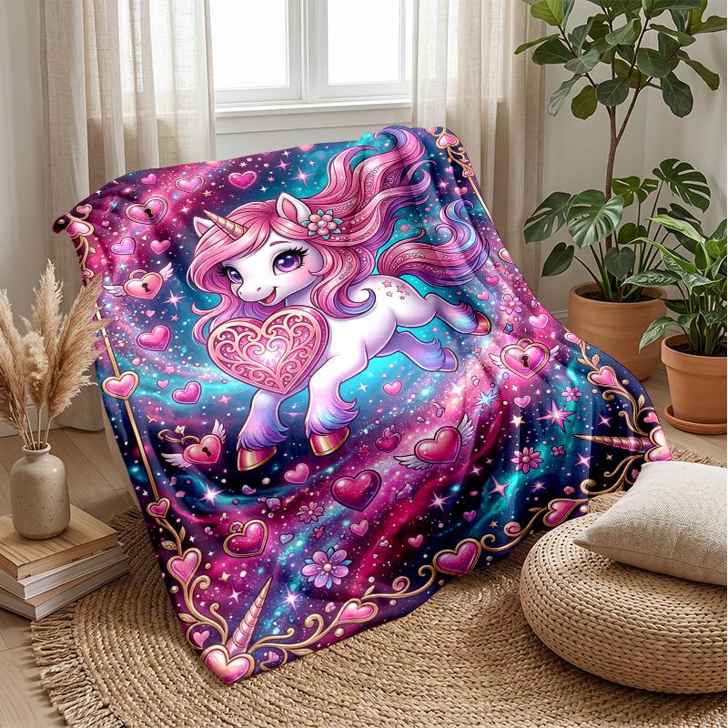 Magical Unicorn with Gem Heart Theme Blanket Lightweight Warm Flannel Blanket Decorative Throw Blanket for Home Decoration