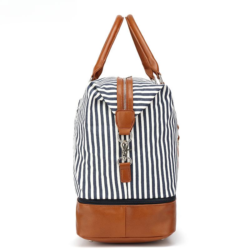 Striped Waterproof Canvas Carry-on Bag Single Shoulder Travel Bag with PU Travel Bag for Sports Wear Belt Shoe Storage