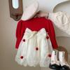 Jenter Sløyfe Kjole Høst Vinter Barn Falsk 2-delt Langermet fløyel Tykk Baby Barn Strikke Tyll kjoler for 2 til 8 år gamle