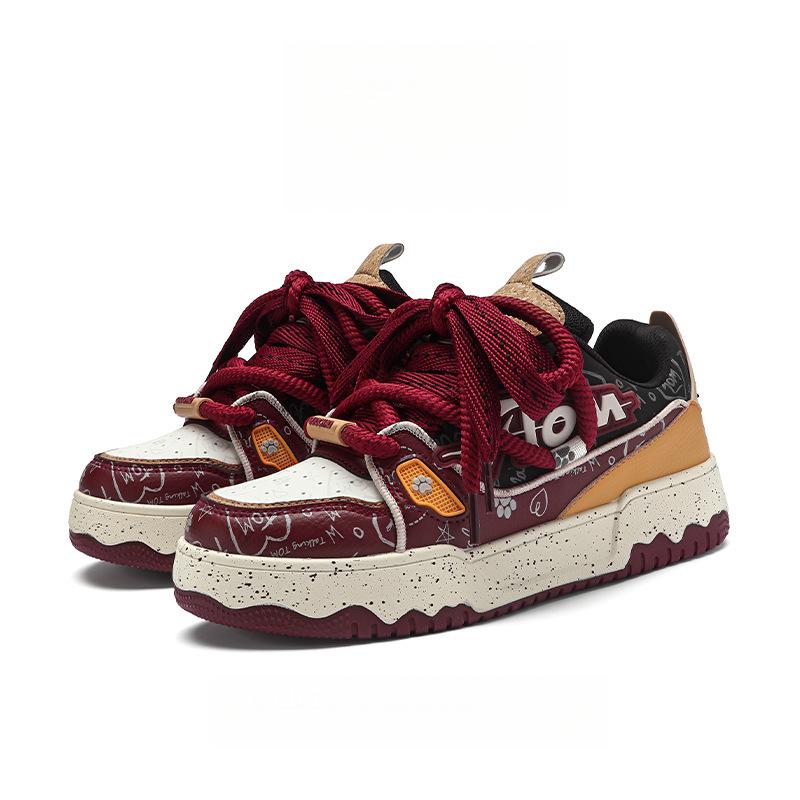 Men's Wine Red Height-Boosting Loafers - Spring/Autumn Casual Thick Sole Skate Shoes for Couples