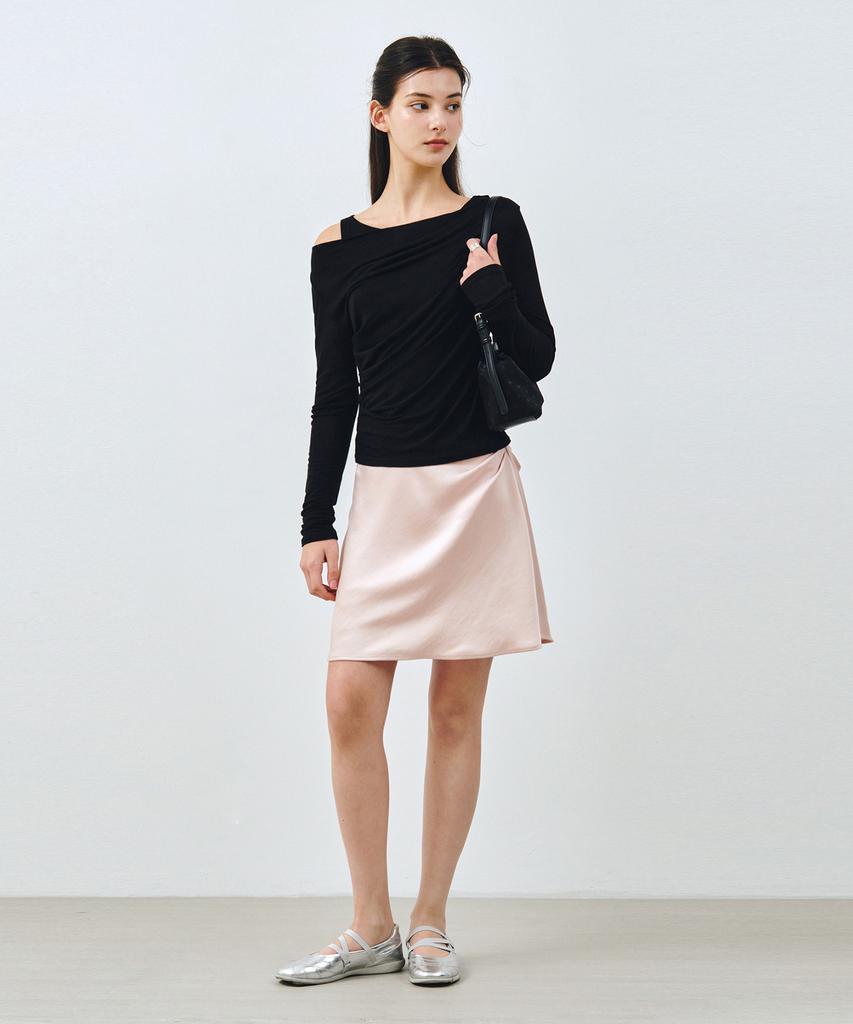 Mongdol [Set] One-Shoulder Draping Layered T-Shirt Black Mdts088Black