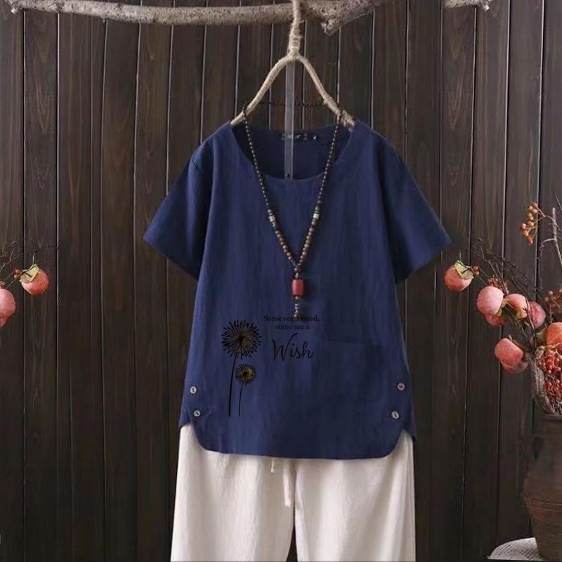 

Женская мода с принтом одуванчика, летняя повседневная свободная футболка с коротким рукавом, летняя блузка, топы 4XL темно-синий