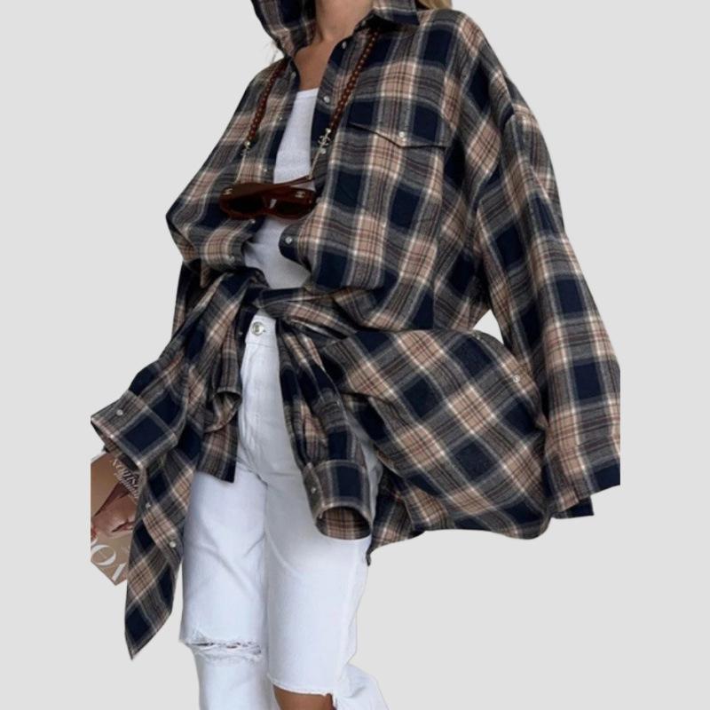 Women s Retro Plaid Long Sleeve Loose Lapel Shirt for Spring and Autumn Large