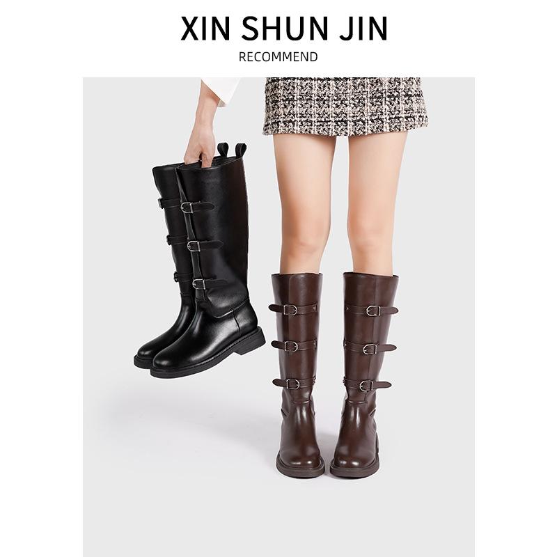 Retro Belt Buckle But Knee Boots Women's 2025 New All-cowhide Wide Tube Western Knight Boots Brown Boots Tide