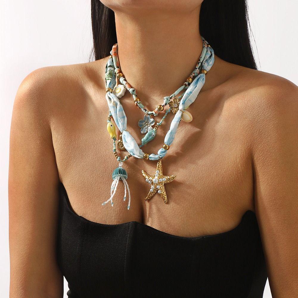 Jelly Fish Beach Ocean Series Necklace Starfish Blue Bead Necklace  Girls