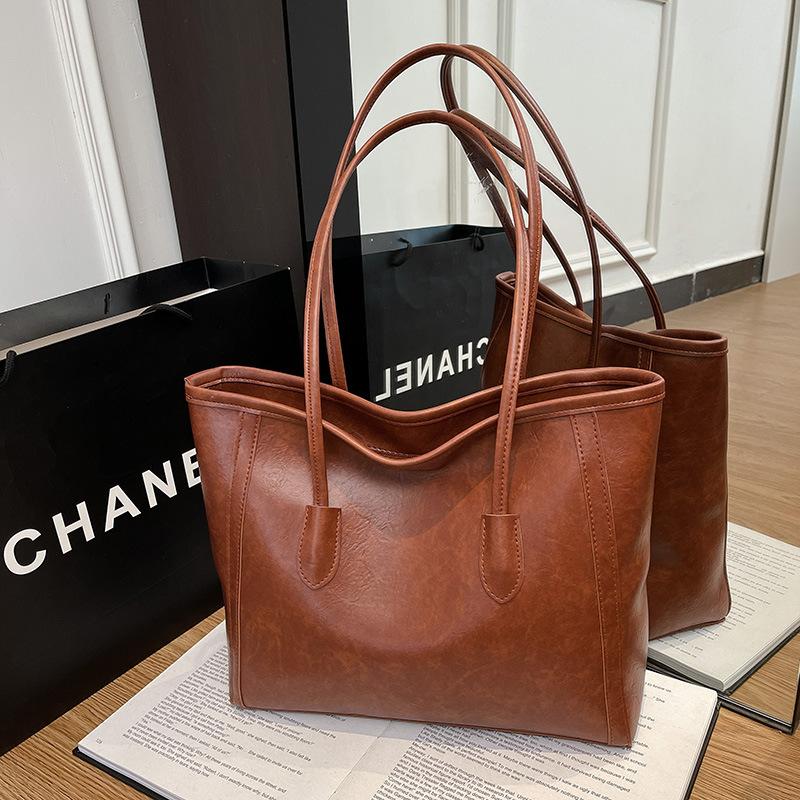 Vintage Large Capacity Faux Leather Tote Bag for Women, Chic Korean Style Commuter Shoulder Handbag, Soft Texture Fashion Work Bag