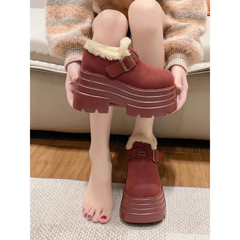 New Women Winter Warm Snow Boots 10CM High Platform Short Booties Designer Suede Leather Cotton Shoes Woman Ankle Botas Mujer