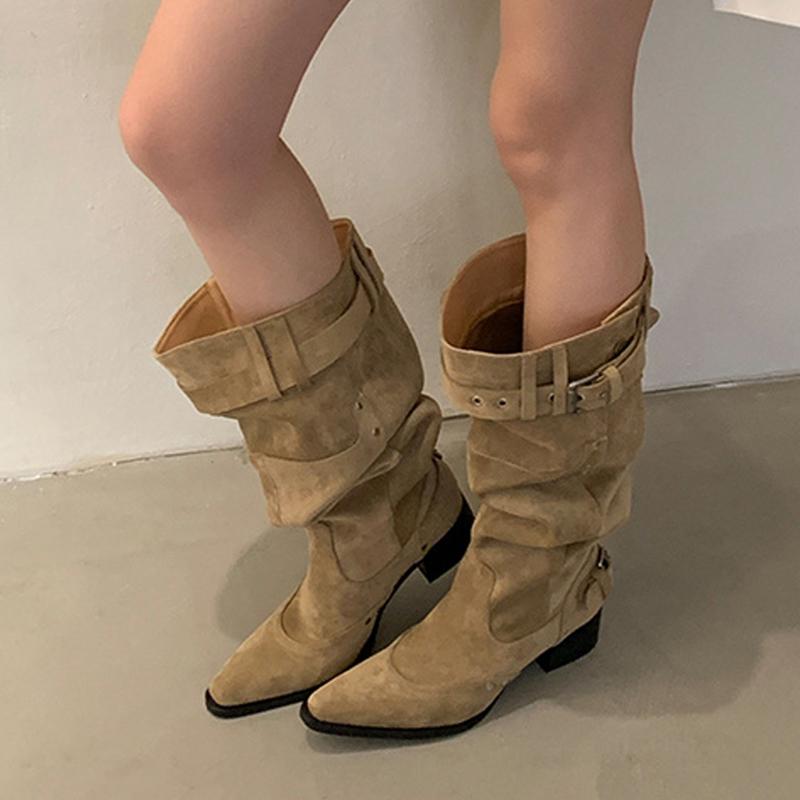 Mode Liyke Western-Stil Mode Schnallenriemen Cowboy Stiefel Damen Spitzzehen Herbst Winter Kniehohe Schuhe Niedrige Dicke Absätze Stiefeletten