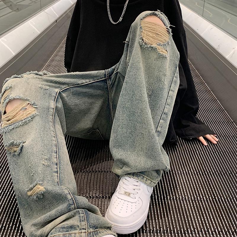 Summer Street Retro Ripped Washed Straight-Leg Jeans for Men and Women