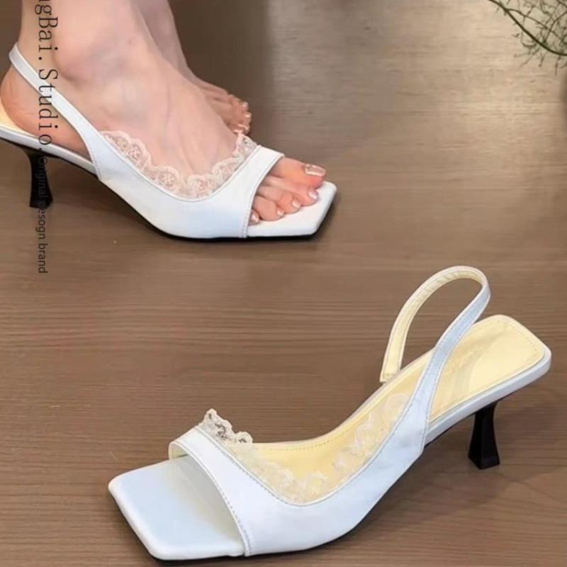 2025 summer new women's fashion square head suspender stiletto heels solid open-toe mid-heel sandals