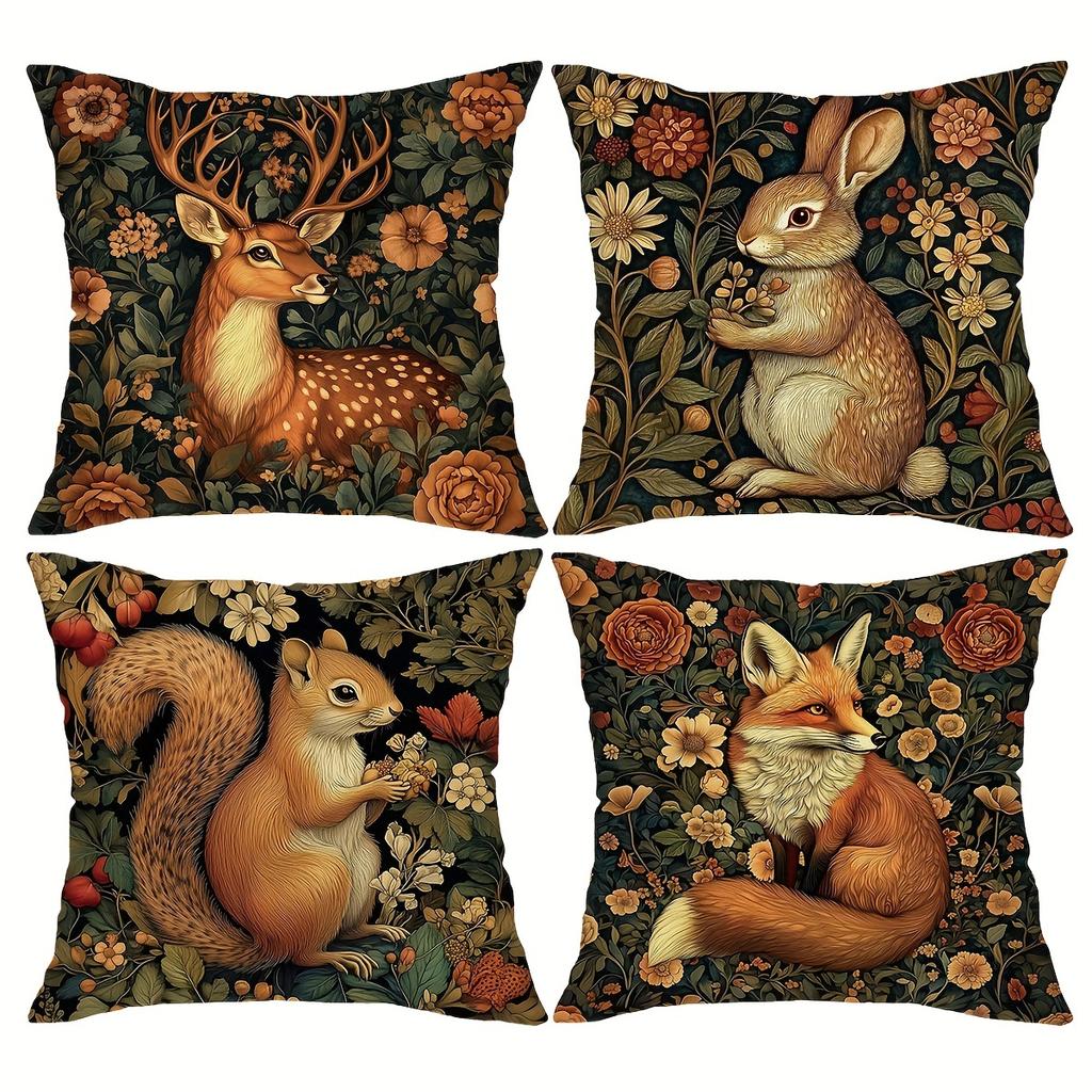 Vintage Floral Animal Print Throw Pillow Covers,Polyester Zippered Cushion Cases with Squirrel, Deer, Rabbit, Fox Designs