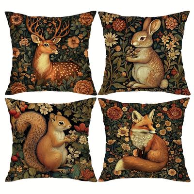 Vintage Floral Animal Pillow Covers - Squirrel/Deer/Rabbit/Fox | Polyester | Washable | Cottagecore Home Decor