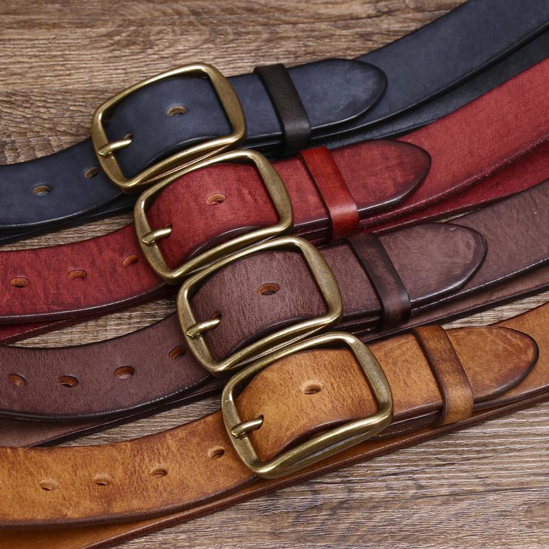 Men's Leather Belt Overalls with Vintage Handmade First Layer Pure Cattlehide Brass Buckle Jeans Genuine Leather Belt