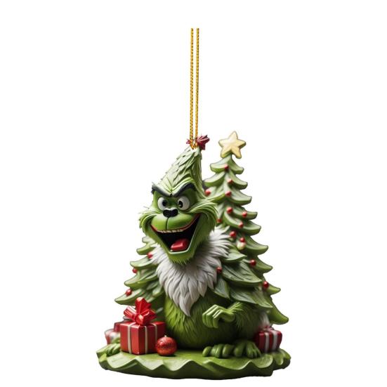 Green Elf Christmas Tree Ornament 2D Flat Acrylic Car Rear Mirror Charm Cartoon Elf Christmas Tree Hanging Pendant for Holiday Tree Window Wall Decor