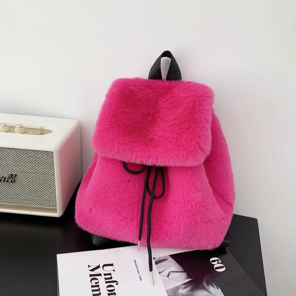 Solid Color Fake Fur Women's Backpack Fashi Large Capacity Plush Female Double Shoulder Bag Winter Girls Furry Tote Schoolbags