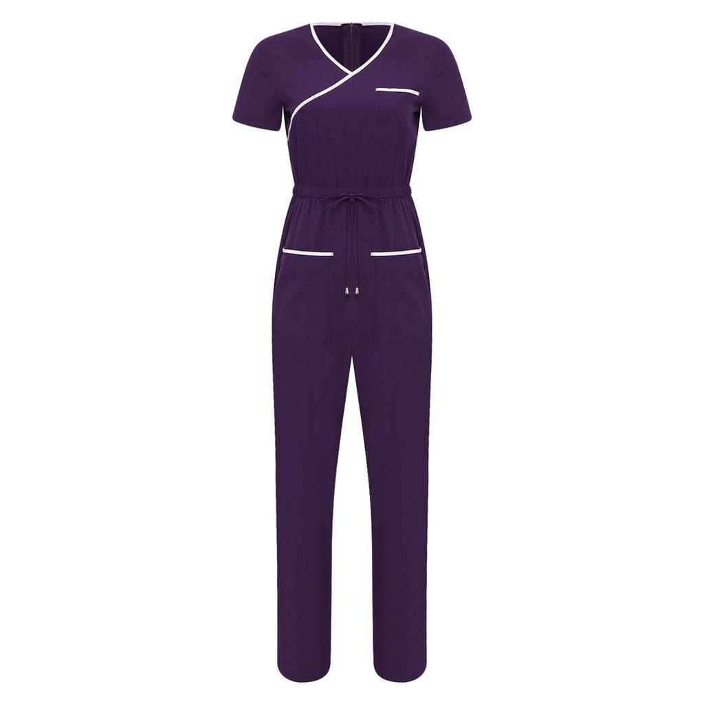 Damen Medizinischer Einteiler Jumpsuit Kurzarm Kordelzug Taille Elastischer Rücken Reißverschluss Taschen Arbeitskleidung