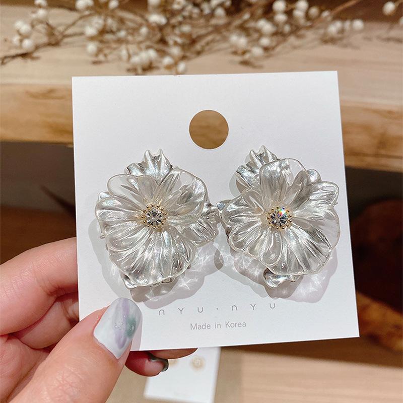 Silver Needle Artificial Crystal Transparent Flower Earrings Korean Fashion Stud Earrings Cute Personality Simple Versatile Earrings Women