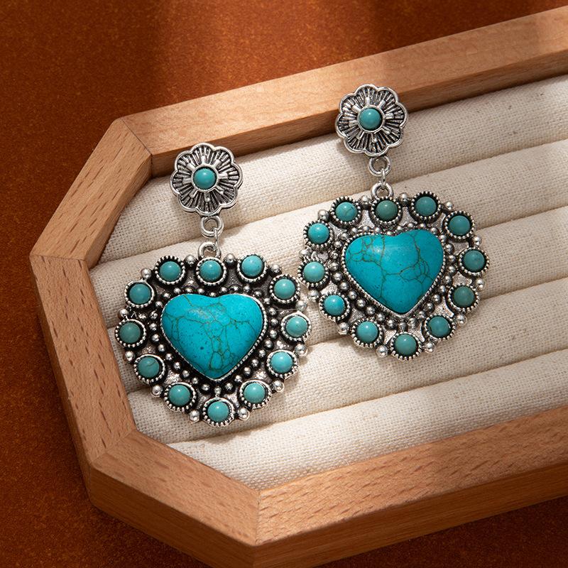 

Creative Diamond-Encrusted Turquoise Flower Love Earrings, High-End Retro Ethnic Style Earrings, Exaggerated Party Earrings