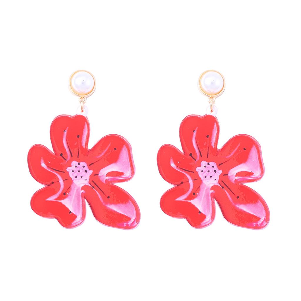 Fashion Fresh Pastoral Pink Enamel Flower Earrings Imitation Pearl Stud Earrings Sweet Elegant Temperament Women