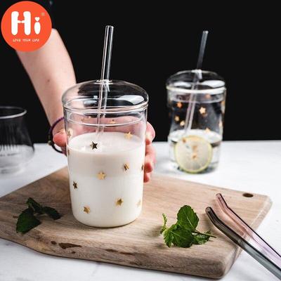 Hi Heat Resistant Glass Office Teacup Creative Transparent Coffee Mug With Lid and Straw Household Milk Juice Cup Travel Drinkware