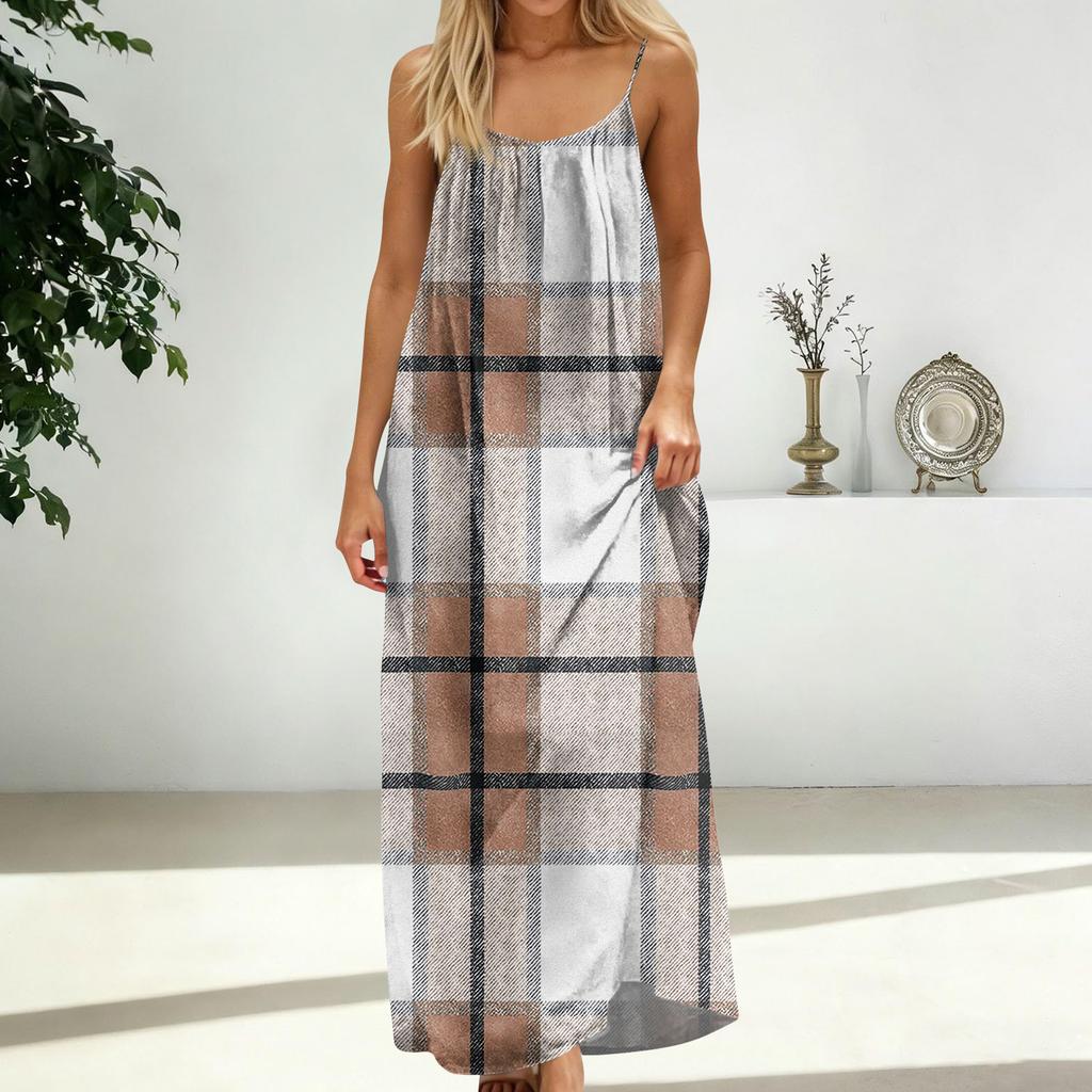 Women's Fashion Backless Spaghetti Strap Casual Loose-Fit Plaid Print Dress