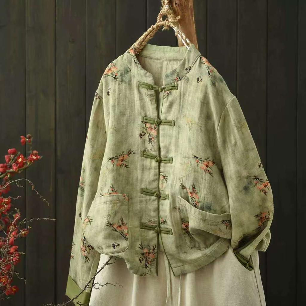 Johnature Women Vintage Print Floral Jackets Stand Long Sleeve Autumn Coats Loose Patchwork Pockets Chinese Style Jackets