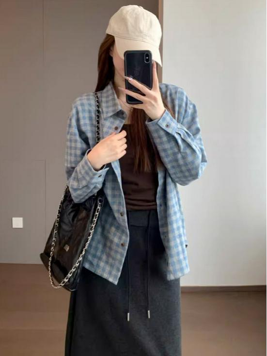 Blauw Ruitjes Hart Geborduurd Dik Katoen Lange Mouwen Shirt - Nieuwe Winter Collectie