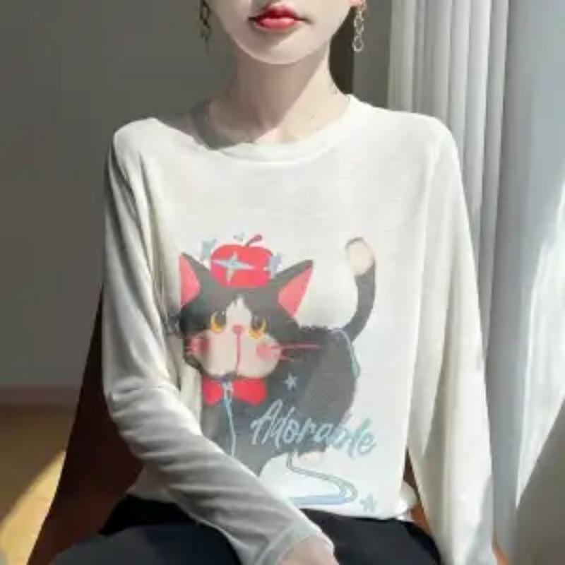 

Women Autumn Cat Print Long Sleeve Knit Top M белый
