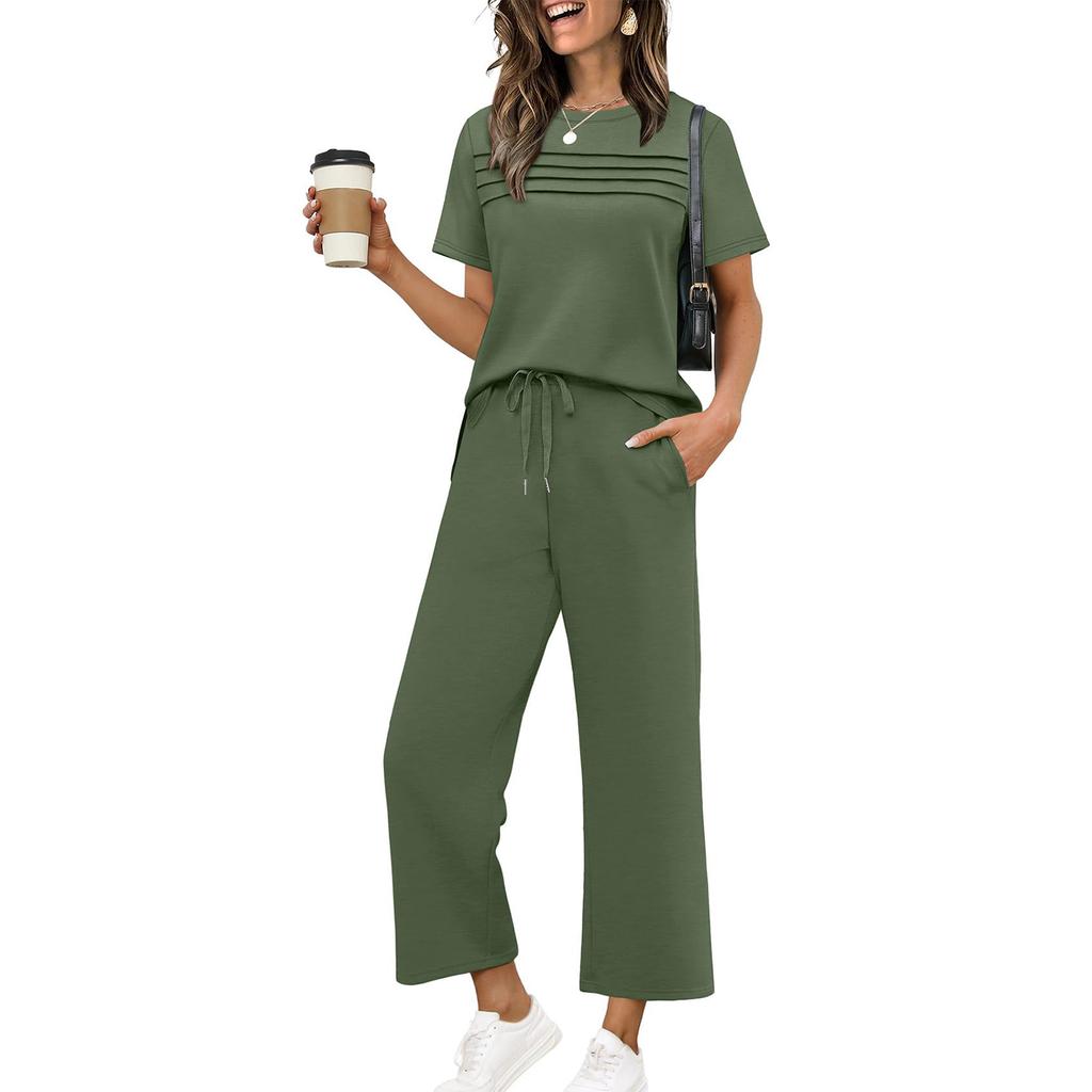 Women's Fashion Color Round Neck Short Sleeved Pleated Top With Drawstring Pockets Casual Pants Sports Two,piece Set