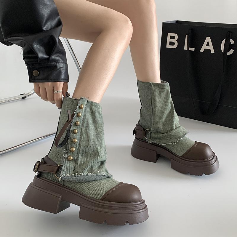 Fashion Temperament Woman Shoes 2026autumn New Style British Style Women's Thick Soled Denim Boot Comfort Women Ankle Boots