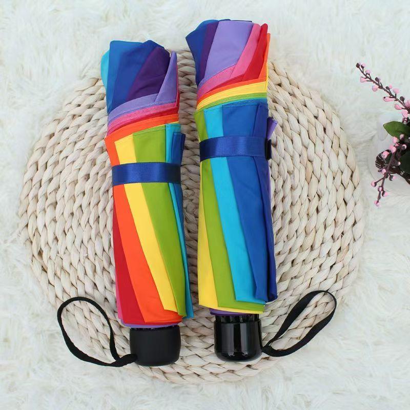 8 Rib Rainbow Umbrella Compact Folded Umbrella Pride Collapsible Kids Beach Rainbow Travel Parasol for rain sun Wedding Party