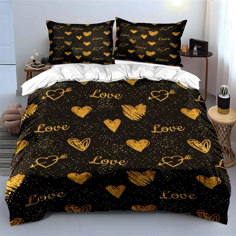 Golden Hearts Love Bedding Set Bedding Duvet Cover Set Duvet Cover Pillowcases (1 * Duvet Cover 2 * Pillowcases, without duvet insert)
