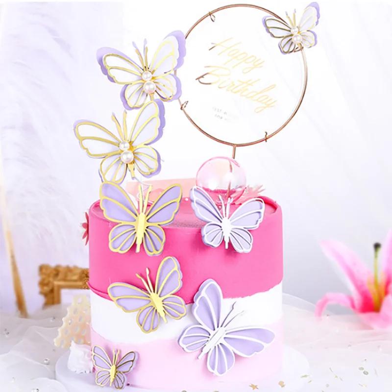 3-9pcs Dessert Cake Decor Butterfly Stamping Gold Butterfly Cake Toppers Princess Girl Wedding Happy Birthday Party Decor