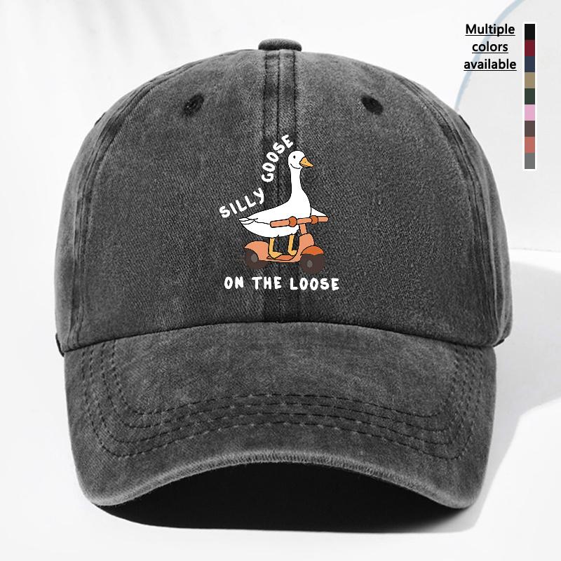 Unisex SILLY GOOSE ON THE LOOSE Large White Goose Print Washed Vintage Baseball Cap Fashionable Outdoor Hat for Men and Women