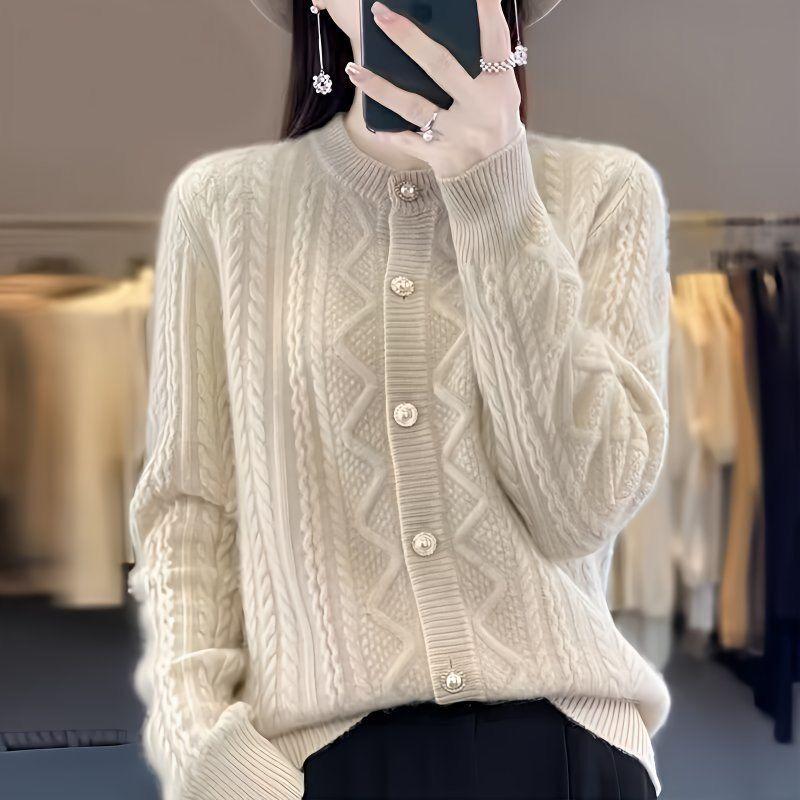 New Crew Neck Knitted Autumn and Winter Coat Casual Versatile Twist Loose Cardigan Sweater Women