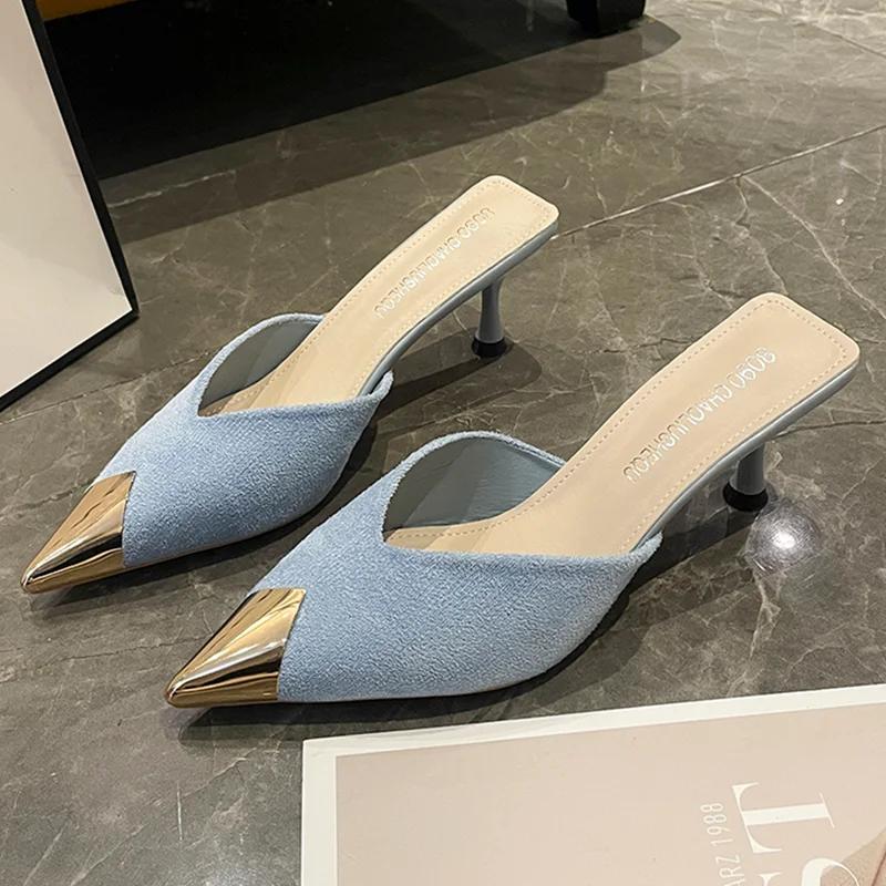 Fashion Pointed Toe Women Slippers Summer Elegant Mid Heels Shoes Fashion Dress Woman Pumps 2025 Trend Brand Casual Cozy Female Sandals