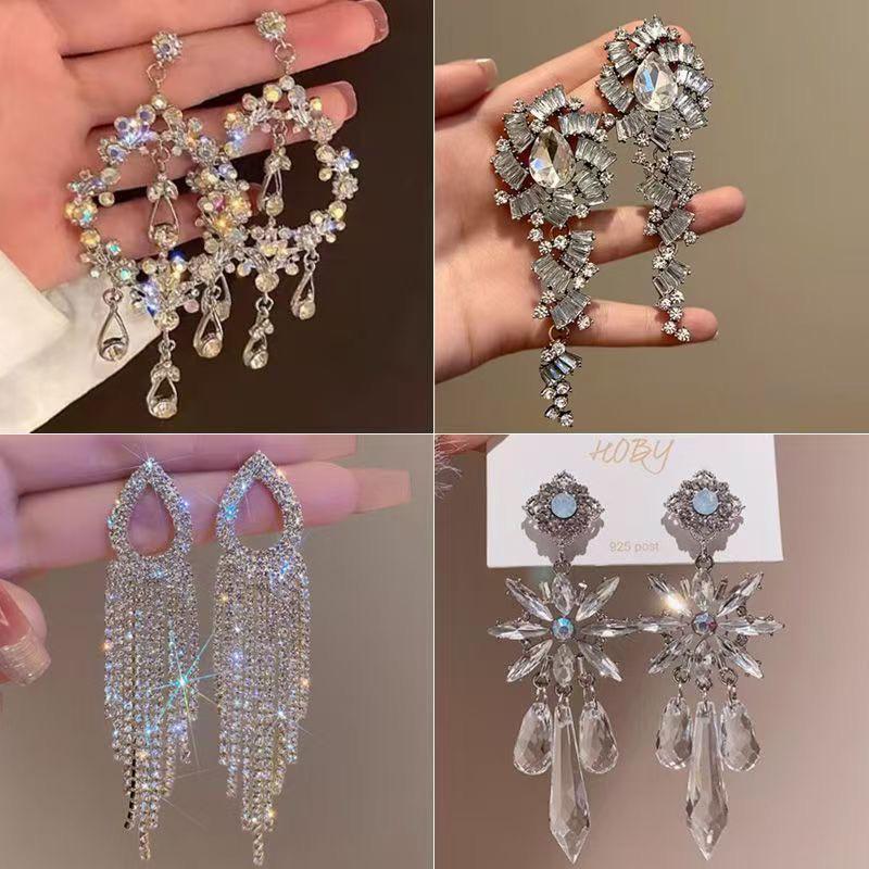 European & American Geometric Rhinestone Flower Tassel Earrings - Luxurious & Fashionable Ear Studs for Women