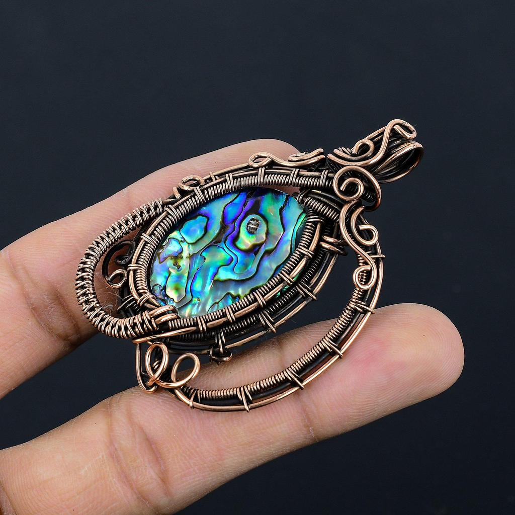 Abalone Shell 999 Copper Wire Wrapped Pendant, Handmade Gemstone Pendant Jewelry, Gifts For Wife Brand New Pendant