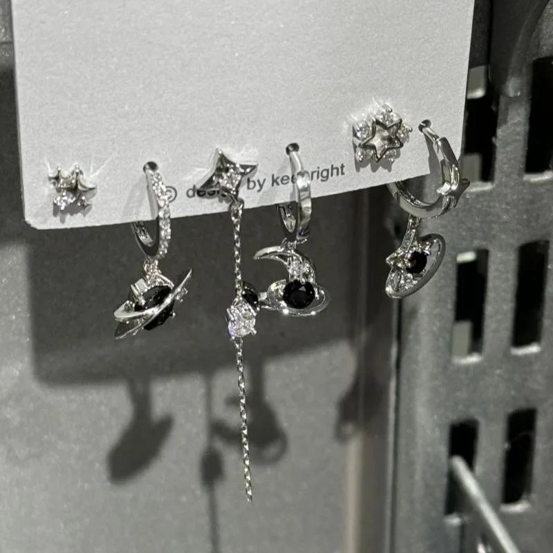 6PCS Y2K Punk Crystal Star Moon Pendant Earring Set For Women Girl Men Gothic Vintage Aesthetic Grunge Jewelry Ear Accessories