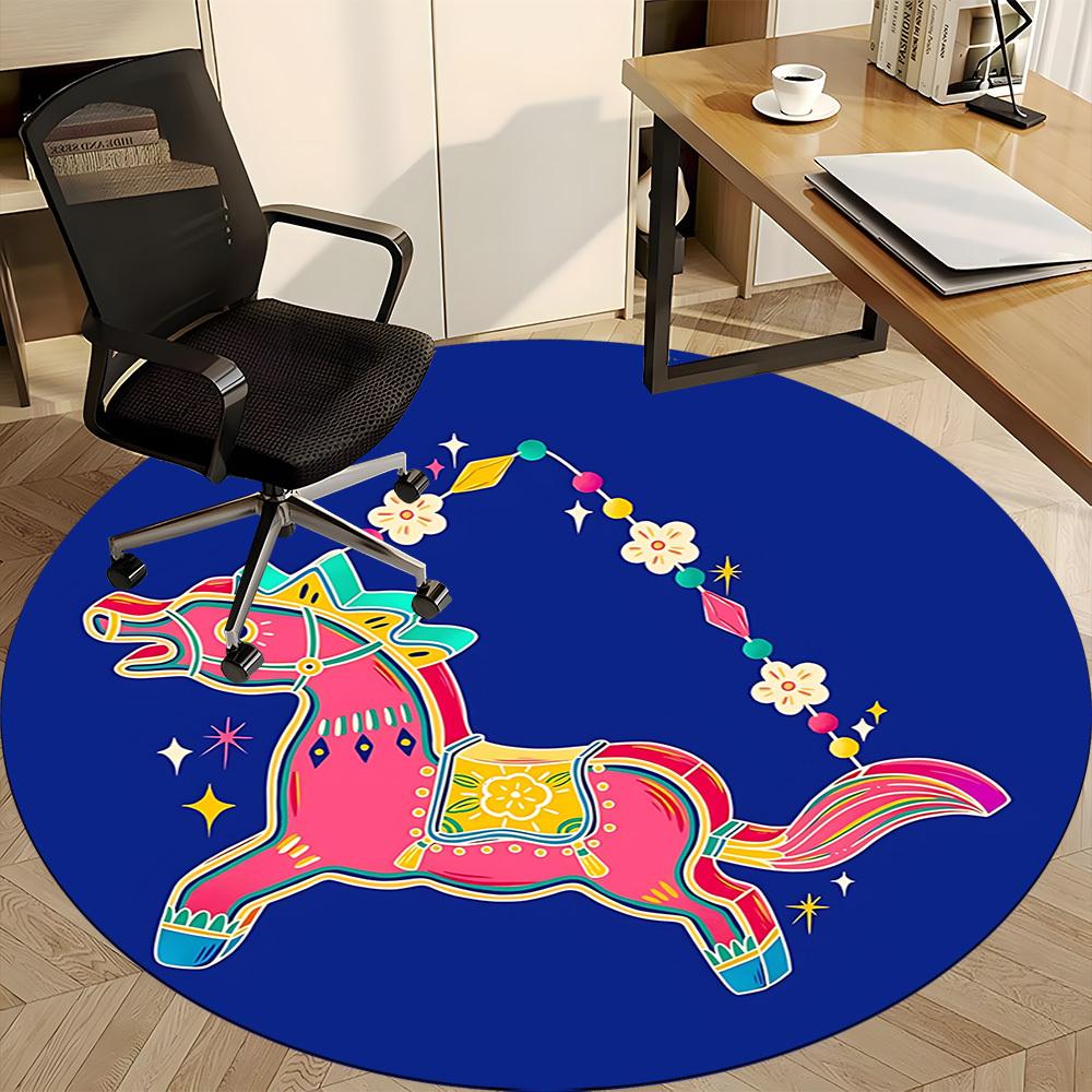 1pc Colorful Horse Ornament Chair Carpet for Office, Round Polyester Mat, Indoor Decor for Office, Easycare Fabric, Washable Non-slip Area Carpet