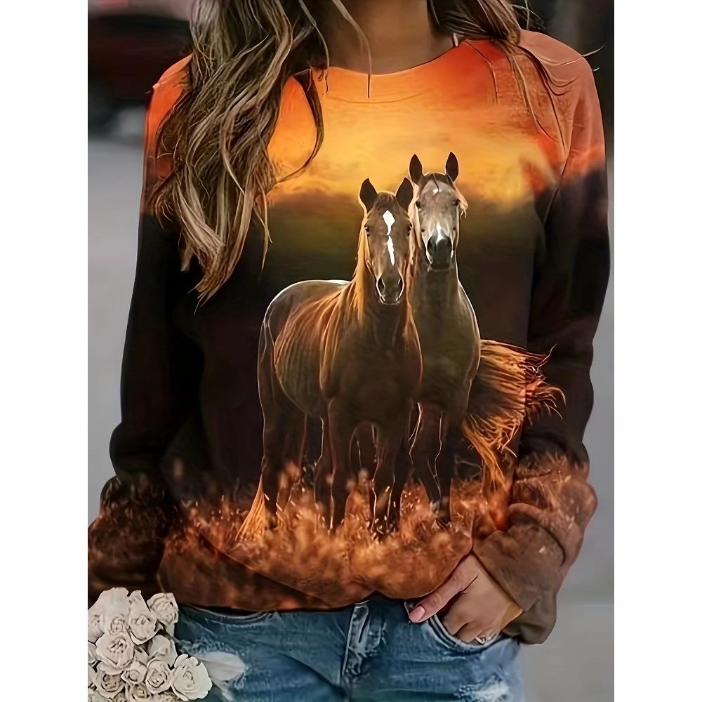 Fashion Women's Sweatshirt Horse Graphic Print Sweatshirt Casual Long Sleeve Crew Neck Pullover Clothing