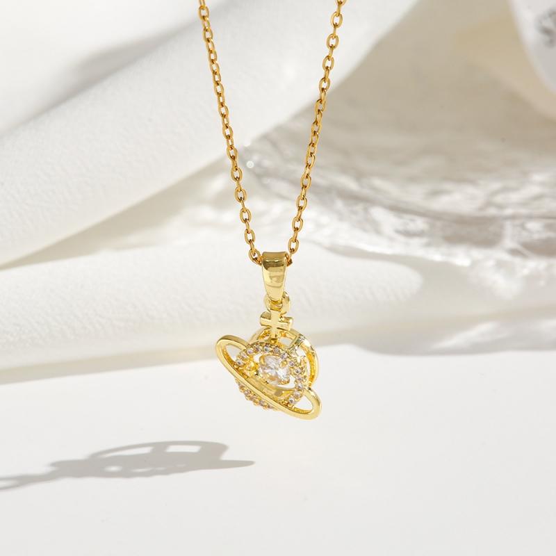 1 Pcs Premium Sense Women's Accessories Pieces Copper Microset Zirconia Planet Pendant Necklace Simple Fashion Jewelry