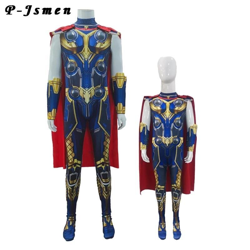 P-Jsmen Thor Love and Thunder Cosplay Costume TVMovie Superhero Suit Halloween Felt Sleeves Costumes with Cape for Kids Adult