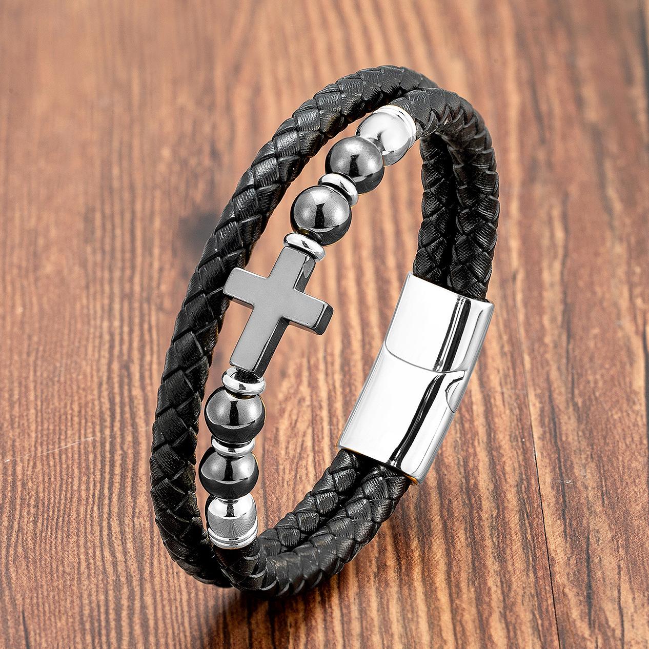 Simple European and American New Cross Stone Jewelry Hot-selling Leather Bracelets Men s and Women s Bracelets 21CM