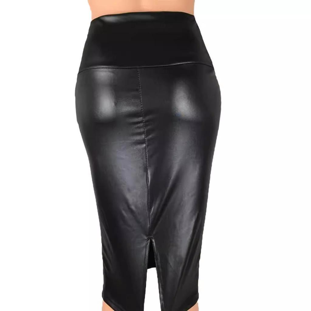 Evropský a americký styl Sexy PU Faux kůže S vysokým pasem Ke kolenům Rozparek Midi sukně